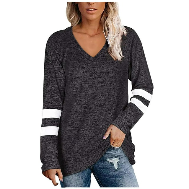 EQWLJWE Blouses à Manches Longues pour Femmes, Chemise Ample Décontractée à Col en V et Manches Longues Patchwork