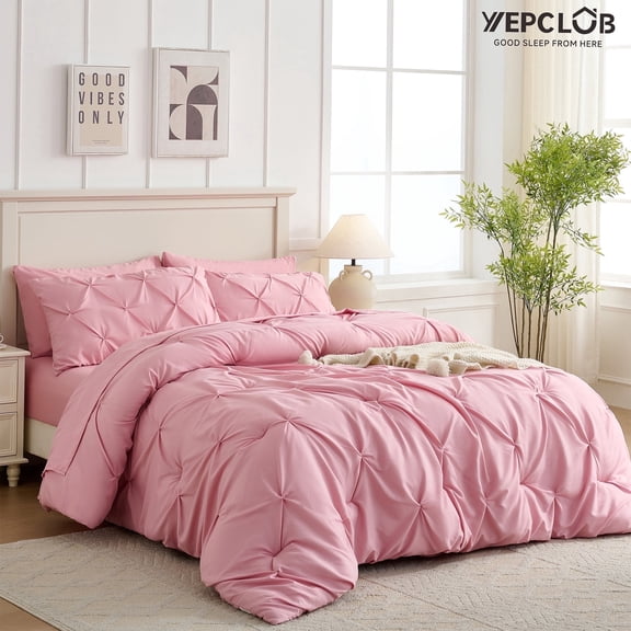 YEPCLUB Pink Queen Size Pintuck 7-Piece Comforter Set, Pinch Pleat Bed in a Bag, All Season Down Alternative Bedding Set with Comforter, Sheets, Pillowcases & Shams