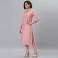 thumbnail image 4 of Janasya Indian Mandarin Collar 3/4 Sleeve Floral Print Pink Poly Silk Kurta With Pant And Dupatta For Women, 4 of 9