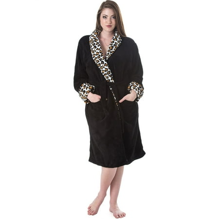 Girls Fleece Shawl Collar Robe - Casual Nights Women's Solid/Animal Trim Fleece Plush Robe
