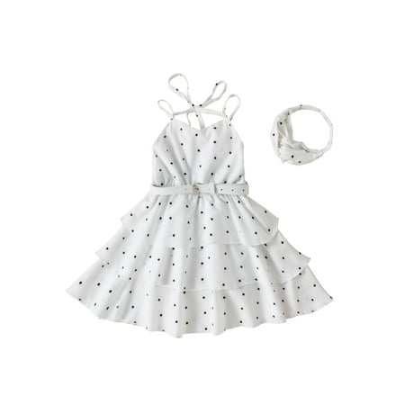 

Calsunbaby Elegant Little Girl One Piece Dress Toddlers V Neck Sleeveless Elastic Waist Multi Layer Dot Dress with Headband