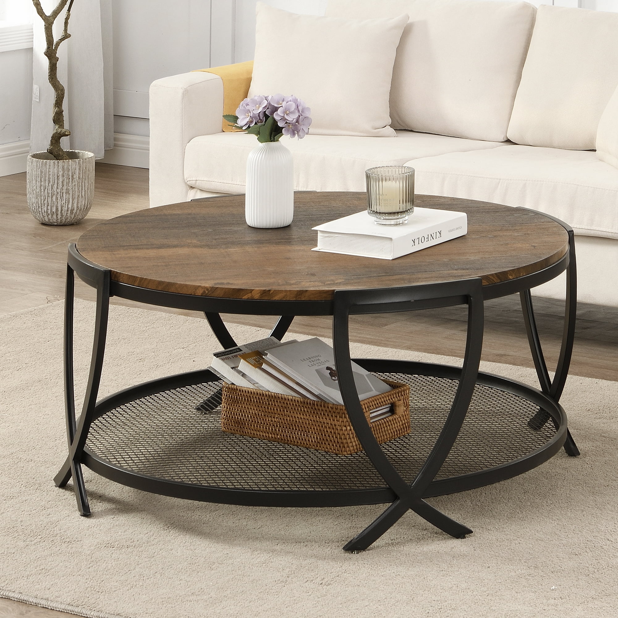 Industrial 33.8’’ Round Coffee Table, 2Tier Metal Sofa Cocktail Table, Living Room