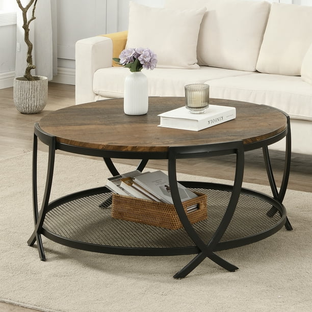 HOMYSHOPY Industrial 33.8’’ Round Coffee Table, 2-Tier Metal Sofa ...