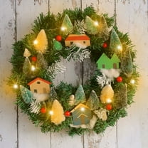 13.8 In Christmas Wreath - Artificial Cedar Wreath with Small House & LED, Winter Wreath for Front Door, Holiday Wall Window Hanging Ornament, Christmas Decorations