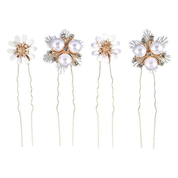 KAKOWELY 4 horquillas para el pelo de novia en forma de U, horquillas para el pelo de boda, horquillas con margaritas y perlas en forma de U.