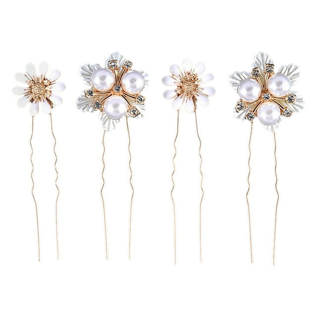 KAKOWELY 4 horquillas para el pelo de novia en forma de U, horquillas para el pelo de boda, horquillas con margaritas y perlas en forma de U.