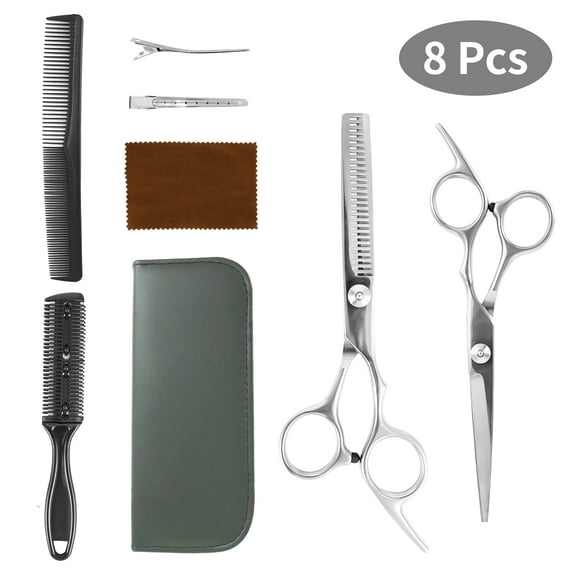 Qissep 8 Pcs Stainless Steel Hair Cutting Scissors Kits,with Straight & Thinning Scissors,Hair-Clips,Double-Sided Comb,Trimming Comb and Cleaning Cloth