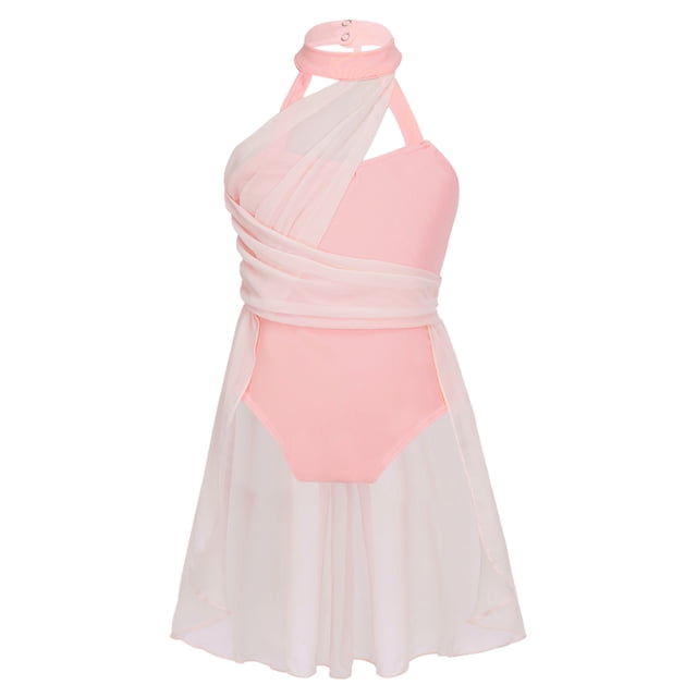 Hansber Robe Sans Manches Froncée en Chiffon pour Filles, Justaucorps de Danse Contemporaine, Rose 8