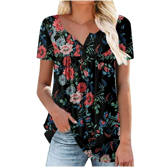 2026 ! JINMGG 2026 Womens Plus Size Women's Summer Tunic Round Neck Floral Printed T-Shirts Casual Short Sleeve Blouse Pleated Tops with Ruffle Hem Army Green XXXXL