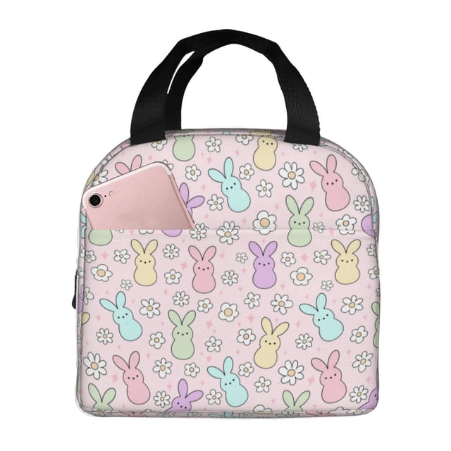 Fotbe Colorful Bunny Bolsa Térmica con Estampado y Forro de Aluminio Grueso Bolsa de Almuerzo con Bolsillo Frontal para Hombres y Mujeres, Ideal para Trabajo, Escuela