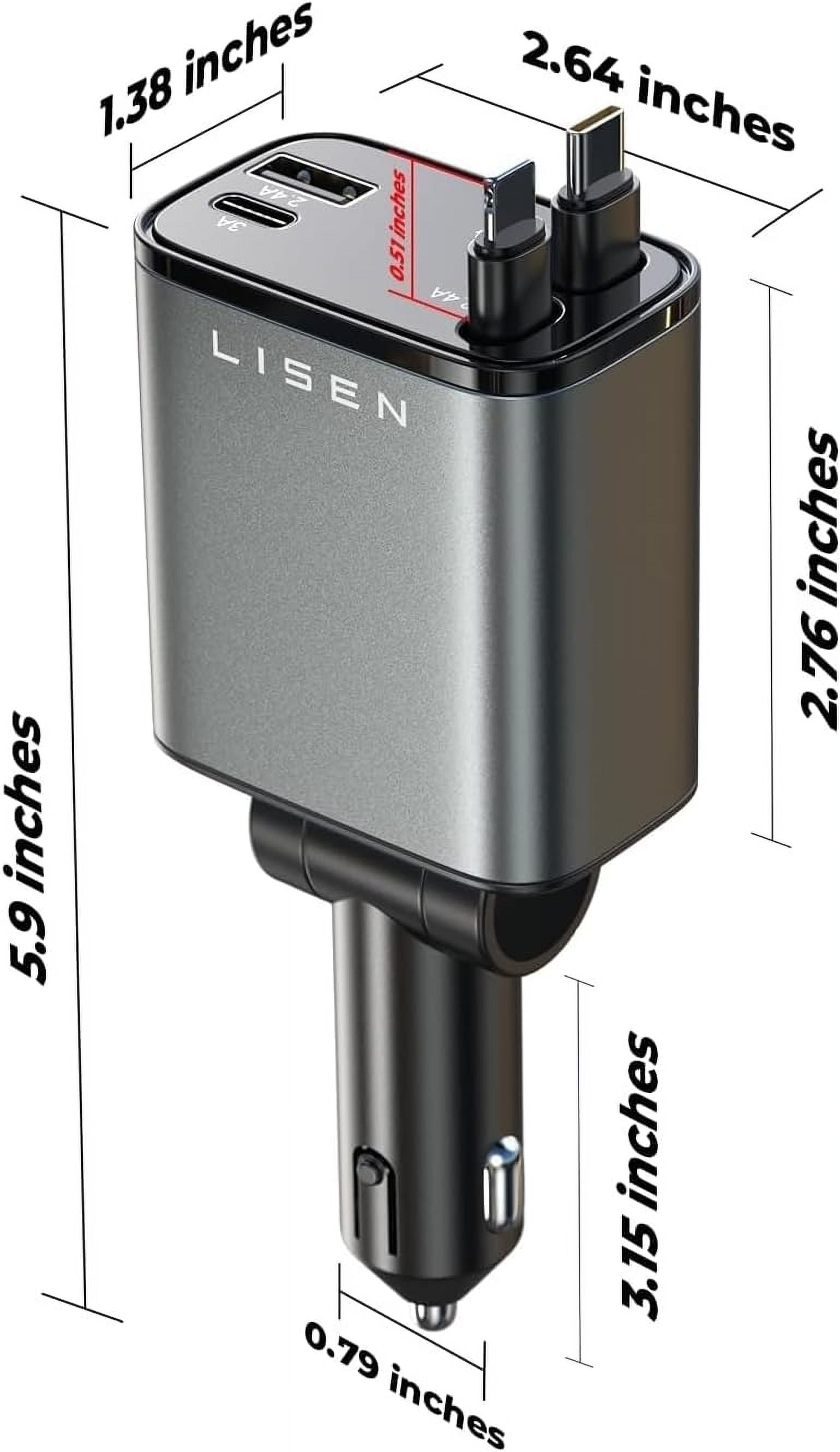 LISEN Retractable Car Charger, 69W USB C Car Accessories Adapter for iPhone 16 USB C Charger Fast Charging, Truck Accessories, Travel Essentials Gifts for Women Men, for iPhone 16 15 14 13 12 Pro Max