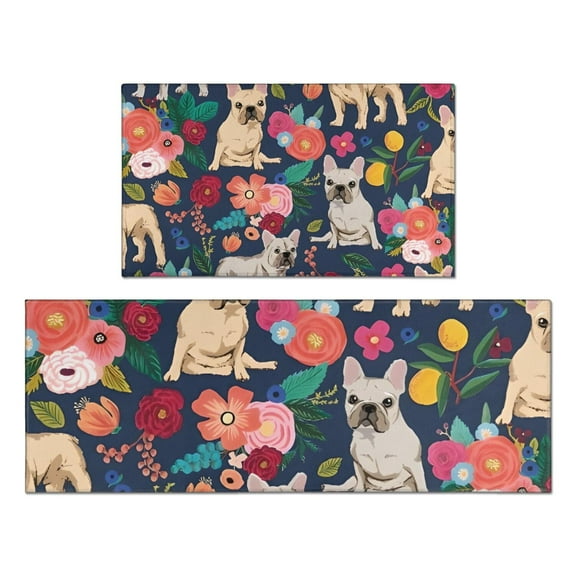 French Bulldog Dog and Pioneer Flower Kitchen Rugs Sets Of 2,Anti Fatigue Kitchen Mat Rugs Non Slip Washable,Decorative Kitchen Floor Mats for Kitchen,Sink,Laundry,17"x30" 17"x47"
