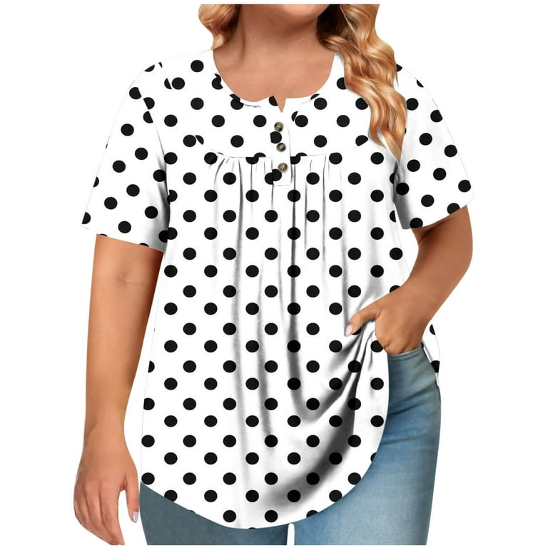 Hfnxid Women's Pluse Size Top Loose Fit Short Sleeve Shirt Pleated