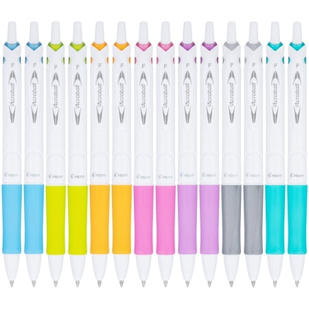 PILOT Acroball PureWhite Advanced Ink Refillable & Retractable Ball Point Pens with Assorted Accents, Fine Point, Black Ink, 14-Pack (14691)