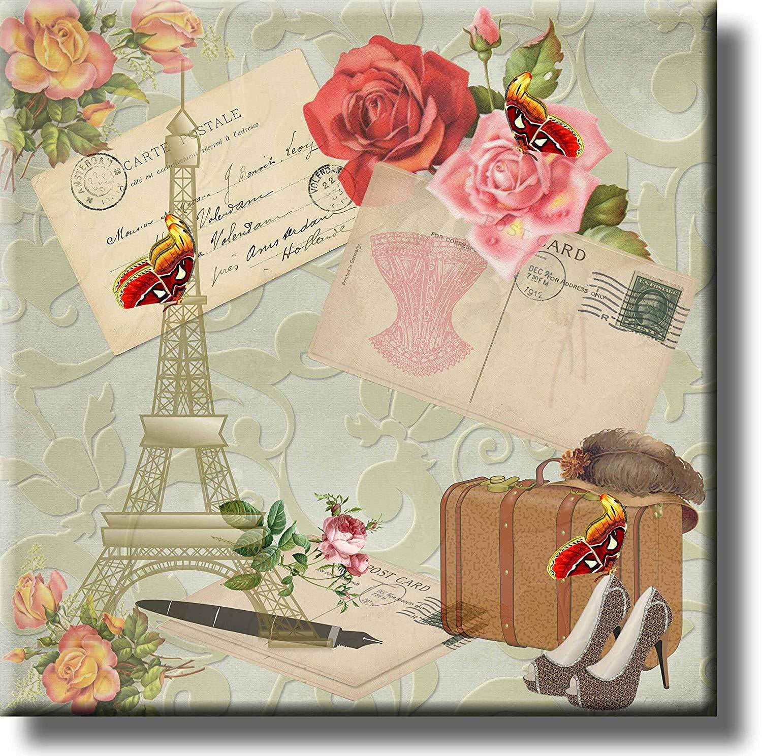 Travel to Paris Post Card Vintage Picture on Stretched Canvas, Wall Art