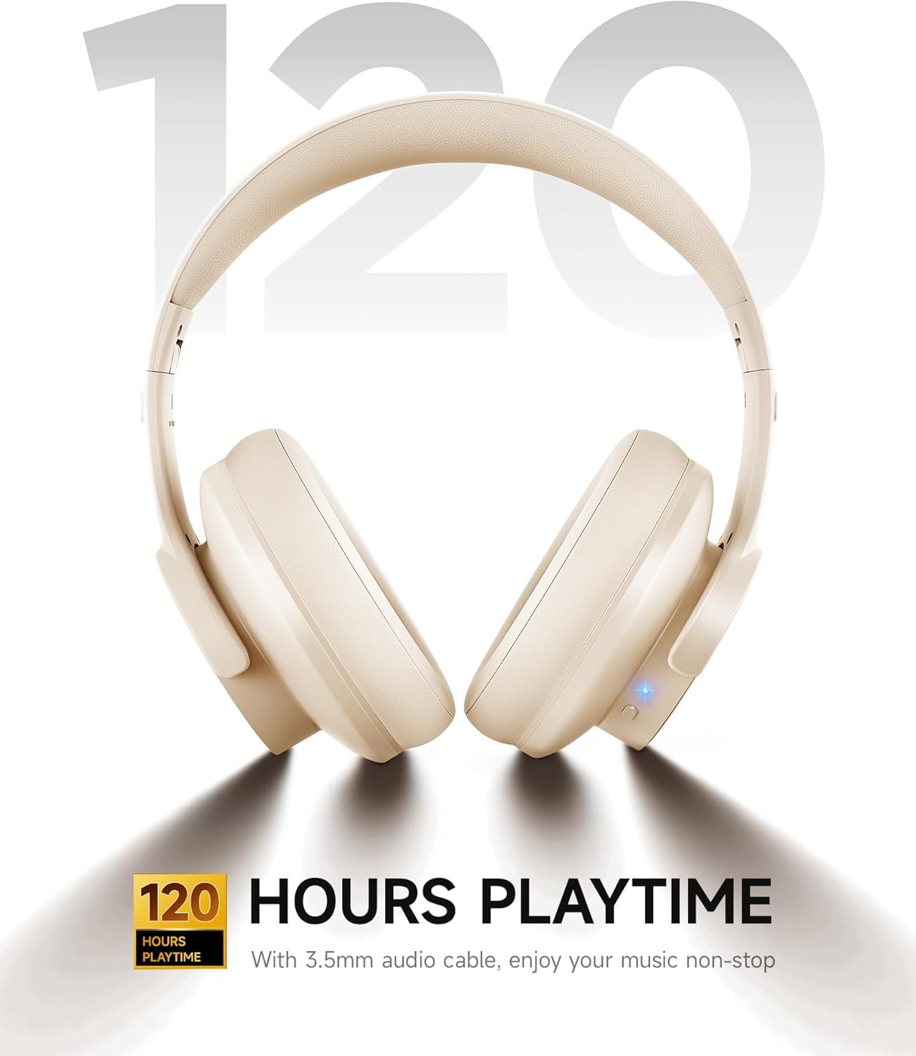 Picun B8 Bluetooth Headphones, 120 Hours Headphone Wireless Bluetooth, Hands-Free Calls, 3EQ & Game Mode, Foldable Headphones Over Ear for Travel Home Office Cellphone PC Khaki White