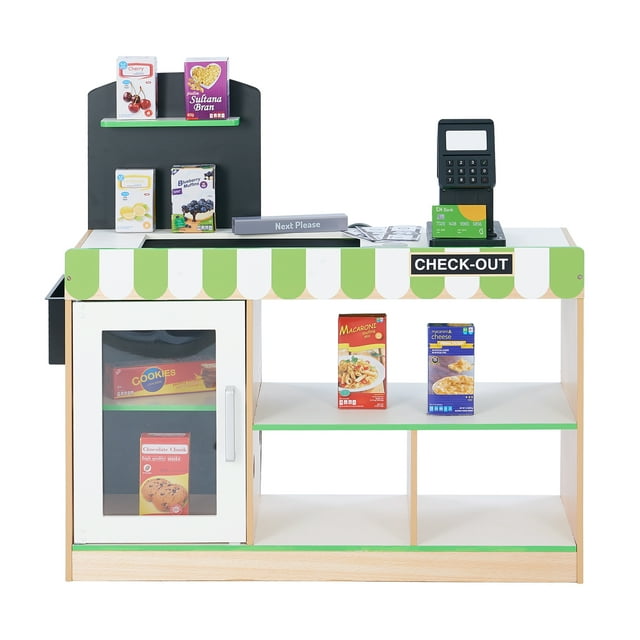 Teamson Kids Caissier Austin Présentoir de Marché de Jeu Ensemble de Jeu de Rôle pour Enfants Bois Vert