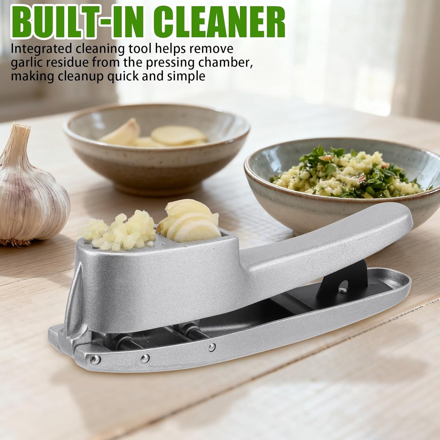 CATPAN Garlic Press and Peeler Set - Silicone Garlic Peeler Tube Roller and Aluminium Garlic Press with Built-In Cleaning Tool Garlic Crusher, Mincer & Peeler for Unpeeled Garlic Cloves