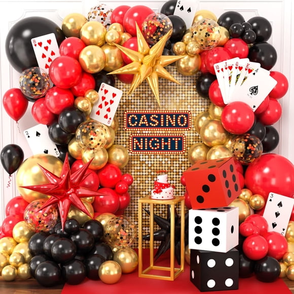 132Pcs Casino Theme Party Decorations, Dice Boxes Large Poker Cards Black Red Gold Balloon Garland Star Foil Balloons for Vegas Themed Party and Casi