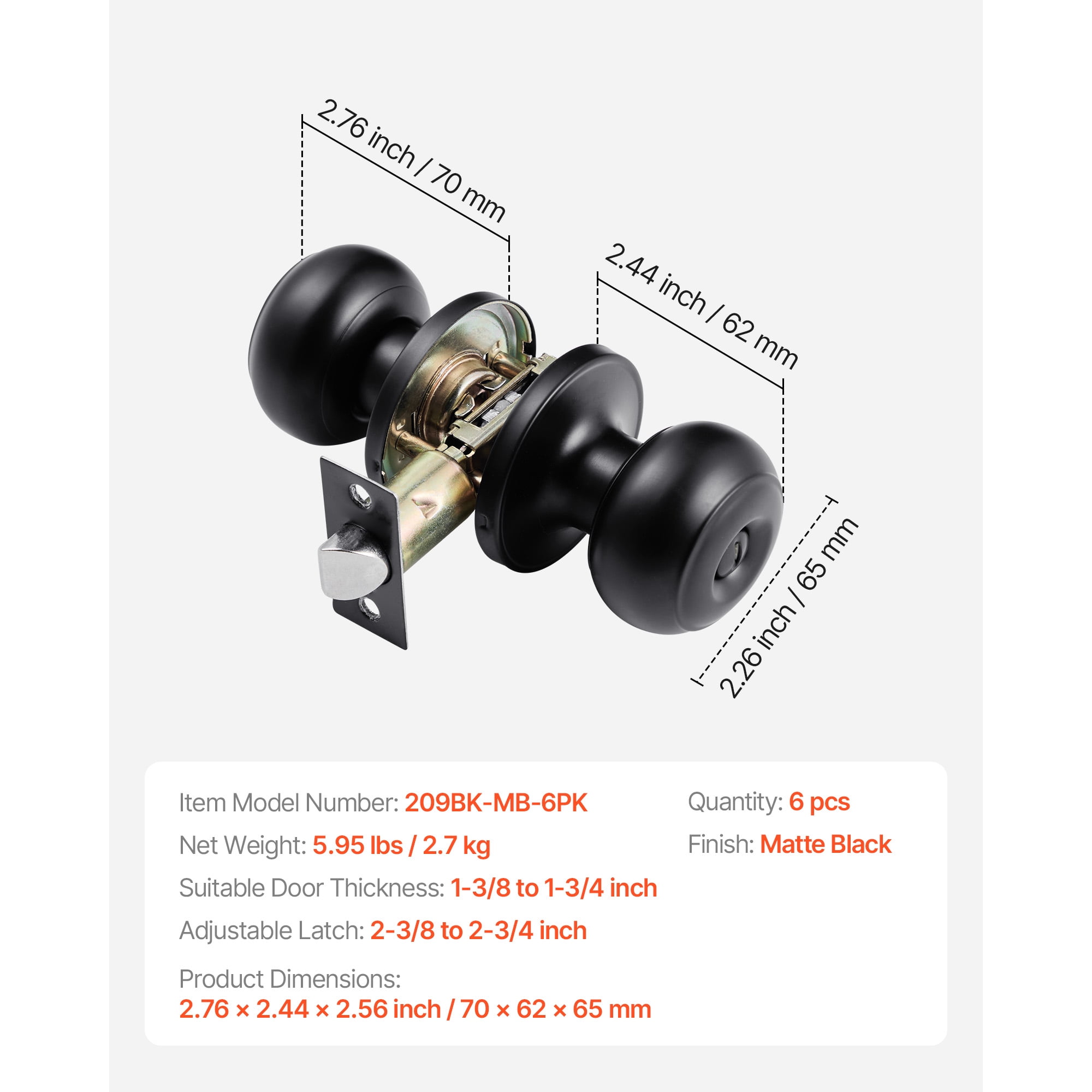 KFFKFF 6 Pack Black Door Knobs, Privacy Door Handles with Round Ball Design, Keyless Exterior and Thumb Turn Interior Lock, Durable Metal Construction, Matte Black Finish for Bedrooms and Bathrooms