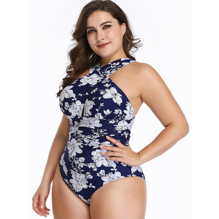 Plus Size Women Ladies Girls One-Piece Swimsuit Swimwear Floral Print Beachwear Deep-V Tummy Control Swimming Costumes Monokinis Backless Front Cross Push Up Bra Padded Summer Fall Holiday Vocation