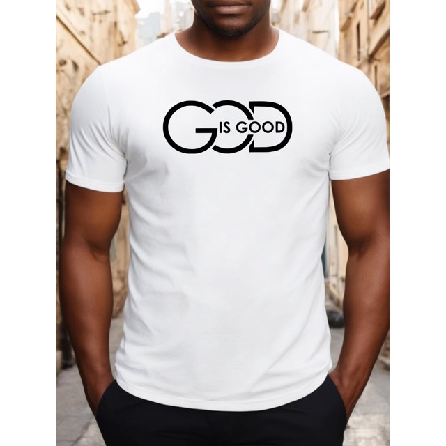 Men's Fashion Round Neck Short Sleeve, God Is Good Printed T-shirt, Summer Men's Wear, Regular Fit, Slight Stretch, Breathable and Comfortable, Suitable for Daily Wear, Vacation, Street, Sports