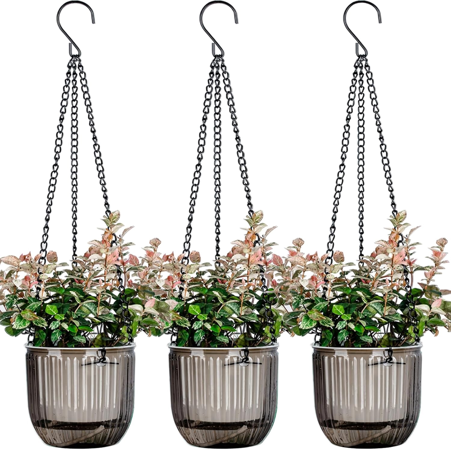 Self-Watering Hanging Planter with 3 Hooks, GIXUSIL 3-Pack 4 inch Green Plastic Flower Pot for Indoor Outdoor Garden Decor