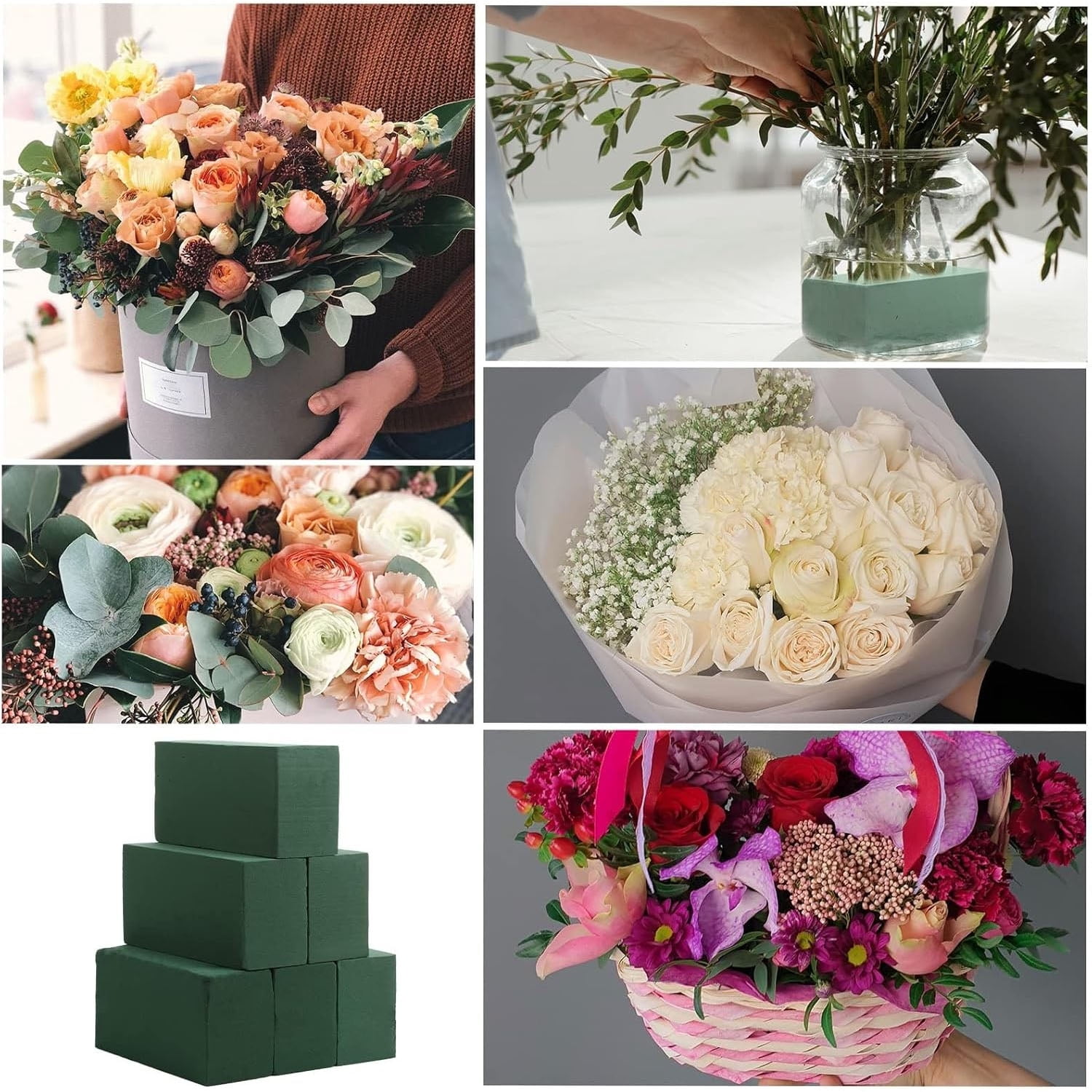 OFEFE 4 Pcs Wet Dry Flower Foam Blocks Florist Supplies,Vase Floral Foam Blocks,Artificial and Fresh Flower Arrangement Lightweight Absorbent,Green