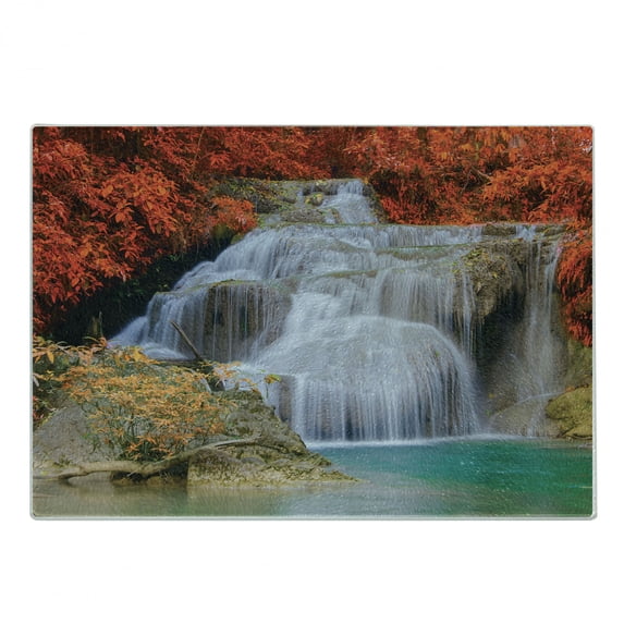 Waterfall Cutting Board, Lake Landscape Forest Surrounded by Autumn Leaves on Fall Season Trees, Decorative Tempered Glass Cutting and Serving Board, Small Size, Blue White and Orange, by Ambesonne