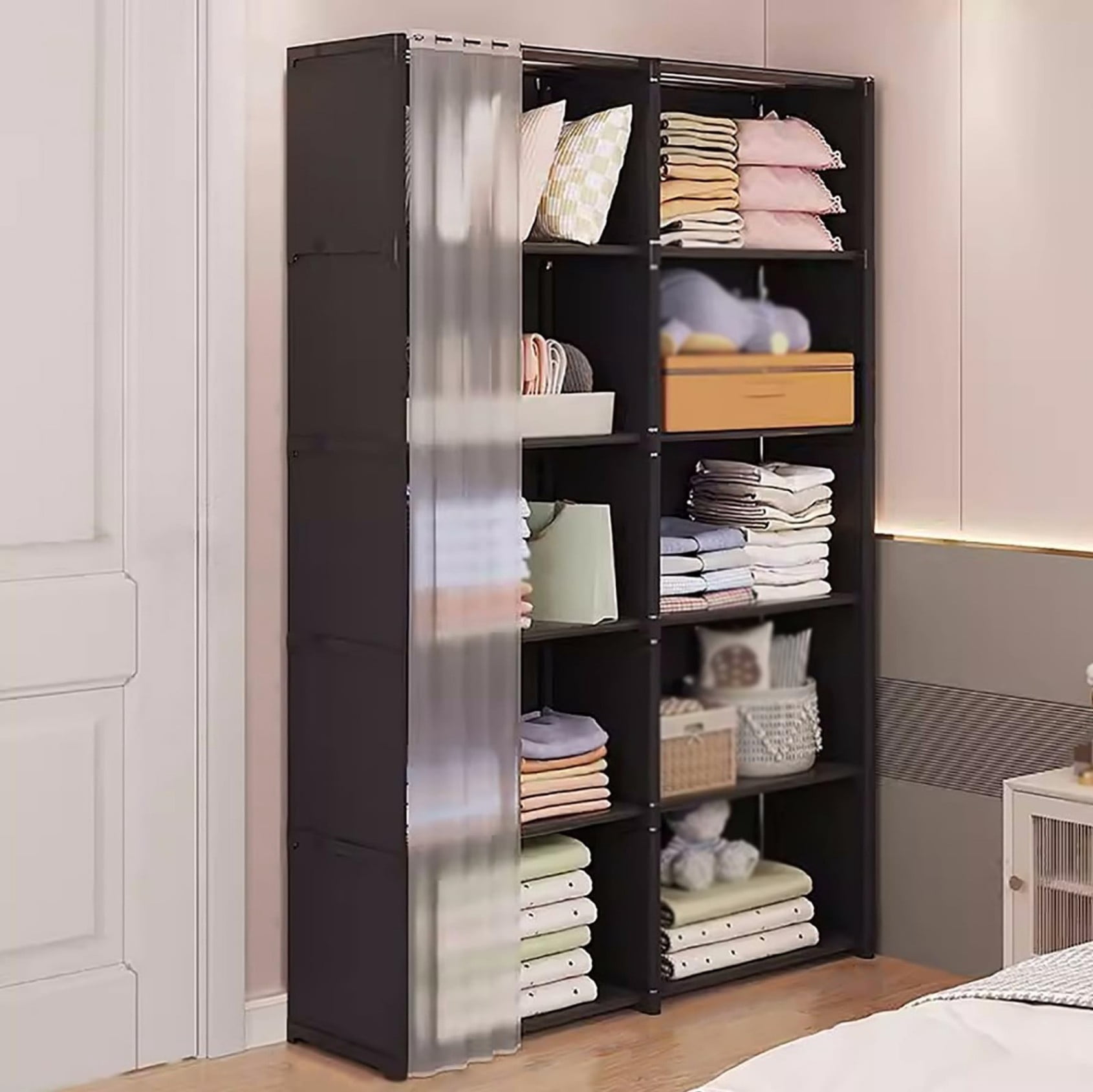 5 Tier Freestanding Bookcase with Curtain, 10 Grid Open Bookshelf Storage Organizer, Tall Display Shelf for Bedroom Living Room Office, Black