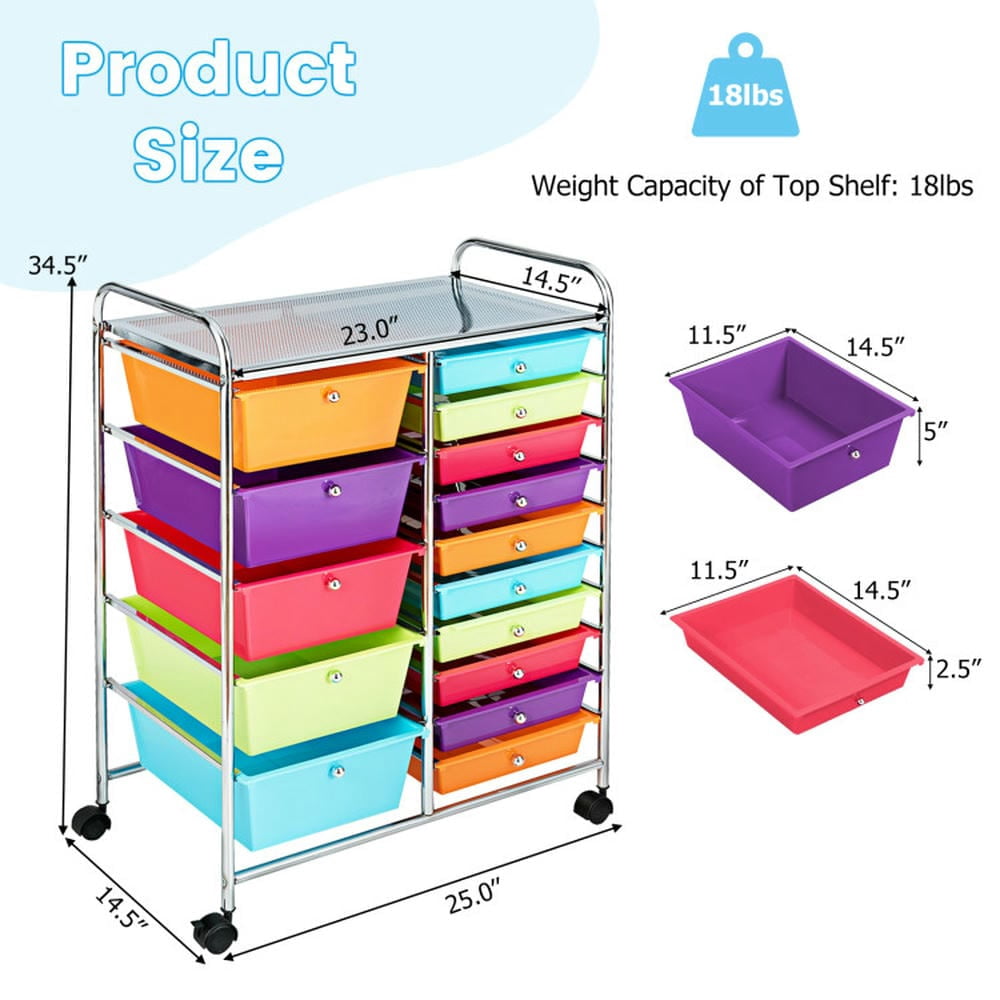 Canddidliike 15-Drawer Utility Rolling Organizer Cart Multi-Use Storage-Multicolor, Craft Storage, Multipurpose Organizer Cart for Home, Office, School