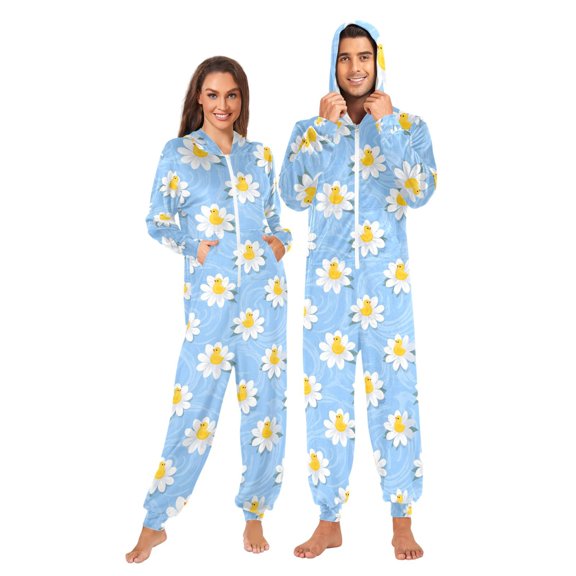 joogoo Duck on Daisy Floral Unisex Adults Onesies Pajamas Jumpsuits L
