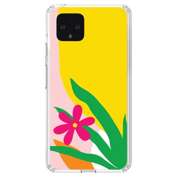 DistinctInk Clear Shockproof Hybrid Case for Google Pixel 4 (5.7" Screen) - TPU Bumper, Acrylic Back, Tempered Glass Screen Protector - Summer Vibes Bold Flower Pink Green Yellow