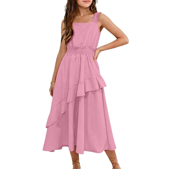 Chiffon Summer Dress for Girls Sleeveless Smocked Waist Ruffle Hem Square Neck Going Out Tank Dress ( Pink, 11-12 Years )