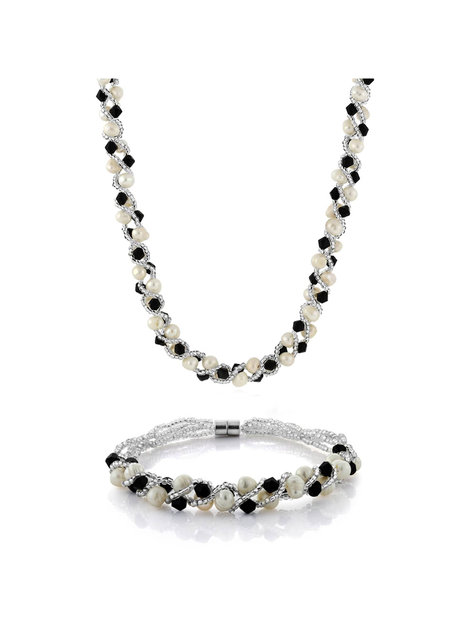 17' White Cultured Freshwater Pearl & Black Crystal Necklace + Bracelet Set 7'