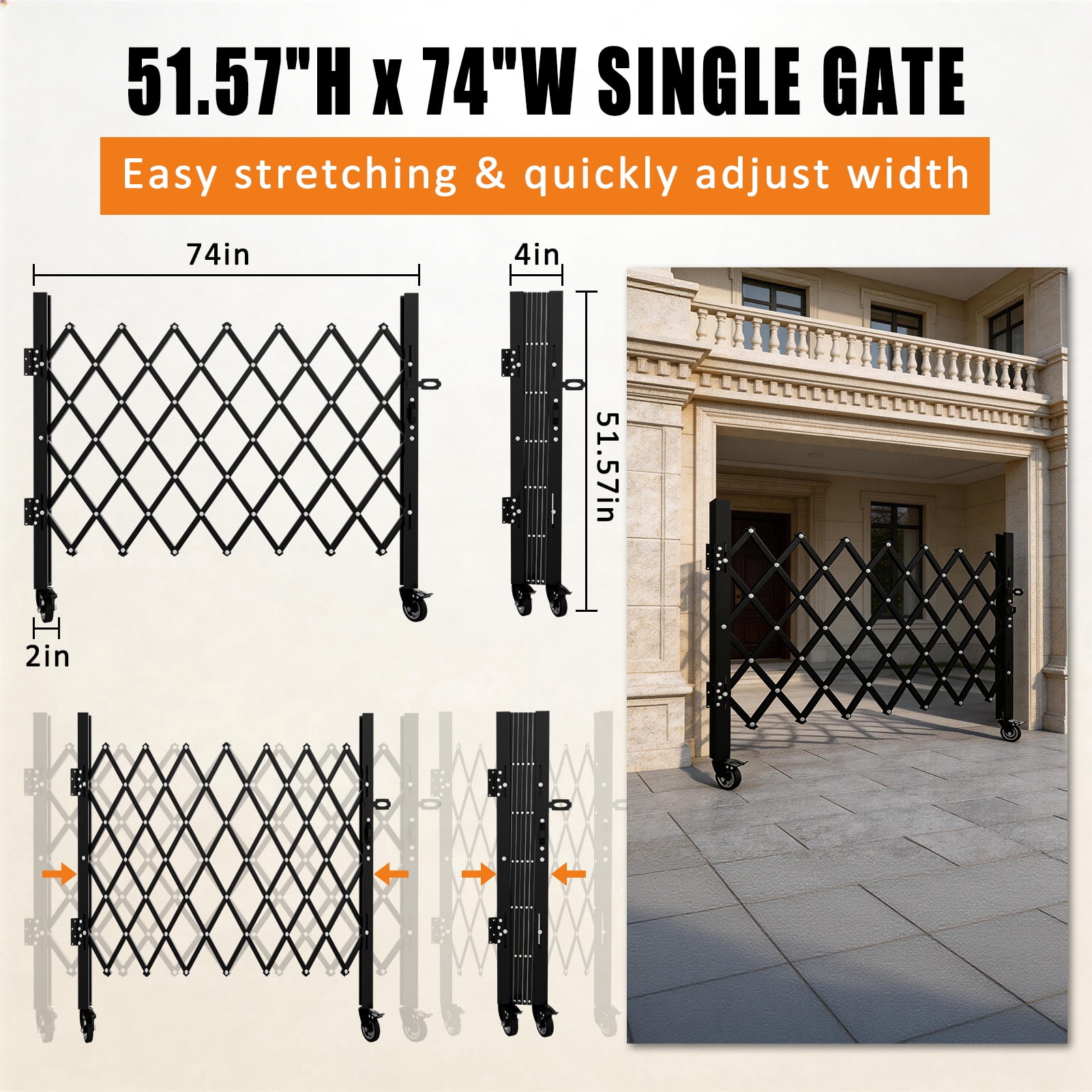 Foldable Security Gate, Expandable Safety Barrier with 360° Swivel Casters Lockable Design, Portable Mobile Rolling Barricade for Garage, Warehouse, Driveway and Pool Areas (51.57" H x 74" W)