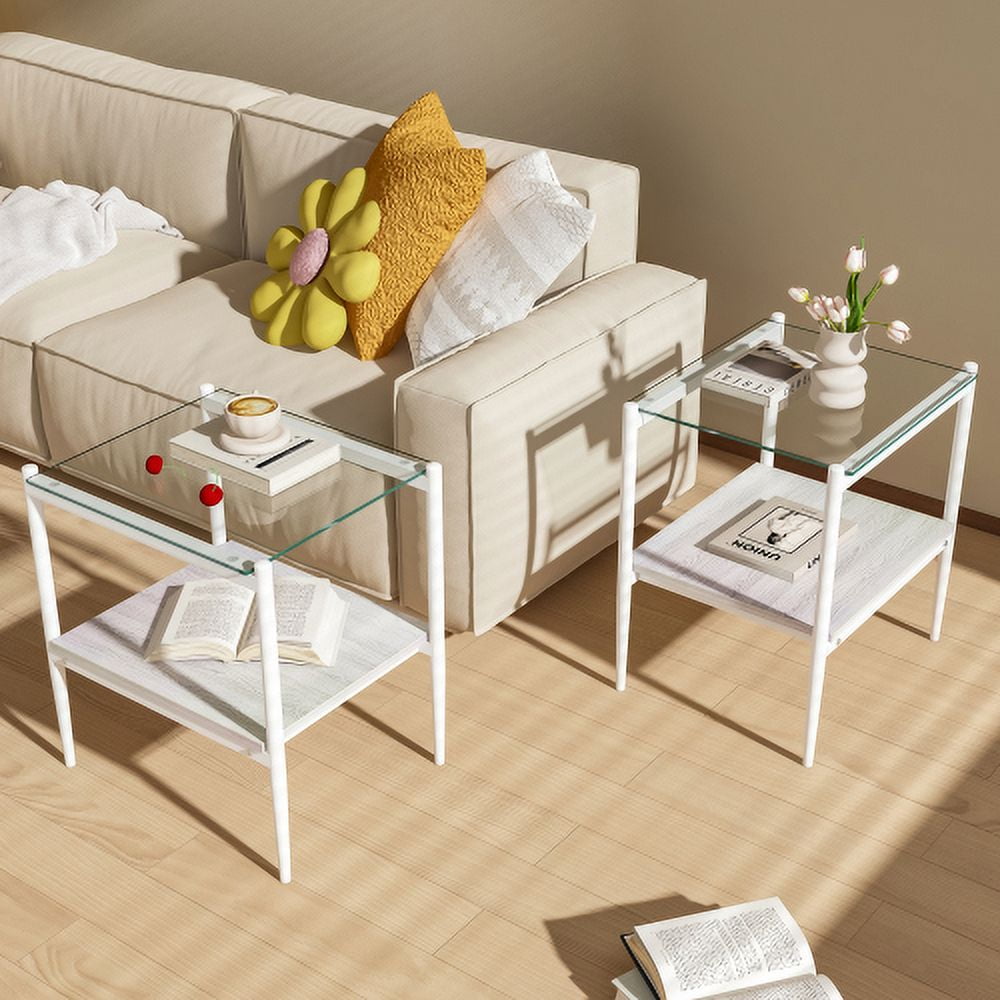 MOONMISS 2 Pack Rectangle End Table, Tempered Glass Top Side Table with MDF Frame, Modern Transparent Glass Accent Table for Living Room, Bedroom, Home Decor, White