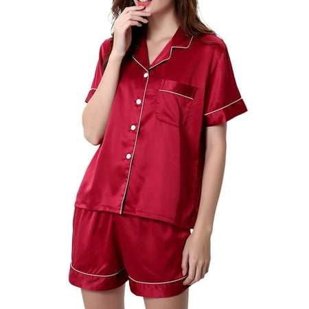 

Frontwalk Women Sleepwear Solid Color Nightwear Button Down Lounge Set Sleep Elastic Waist Pajamas Sets Short Sleeve 2 Piece Outfits Wine Red S