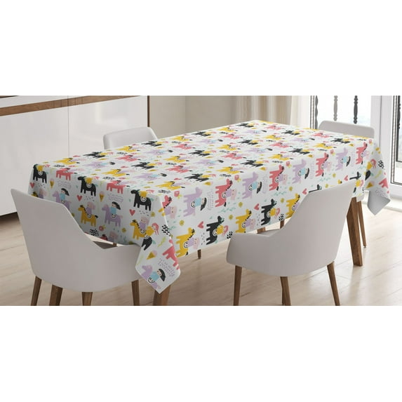 Cartoon Tablecloth, Illustration of Young Girl Riding a Pony Along Ice Cream Apple Hearts Flowers, Rectangle Satin Table Cover Accent for Dining Room and Kitchen, 60" X 84", Multicolor, by Ambesonne