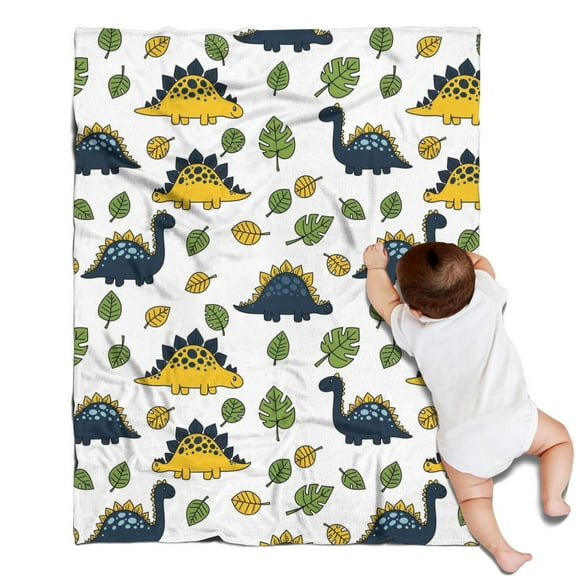 White Cartoon Dinosaurs Green Yellow Leaves Pattern Blanket,Comfortable Soft Flannel Throw Blanket,All Season,Warm Lightweight Blankets for Sofa Bed Couch Living Room Chair,30"x40"
