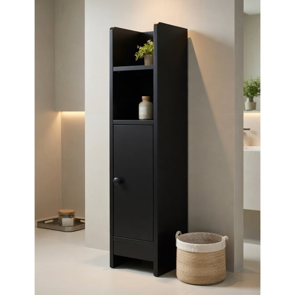 GVN Slim Corner Bathroom Cabinet with Door and Adjustable Shelf, Space-Saving Floor Storage for Small Bathroom, Freestanding, Black