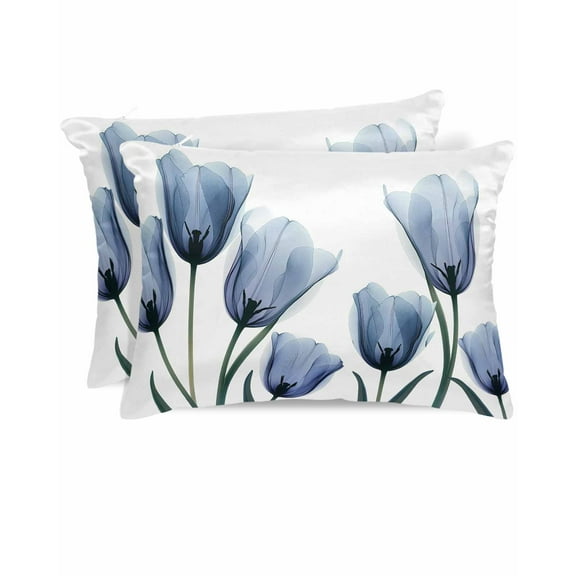 Hokiten King Size Pillow Cases Set of 2, Pillow Covers for Bed, Blue Spring Floral Satin Pillowcases with Zipper for Hair/Skin, Pillow Protector Cover, Tulip Blooming Summer Botanical 20x36 Inches