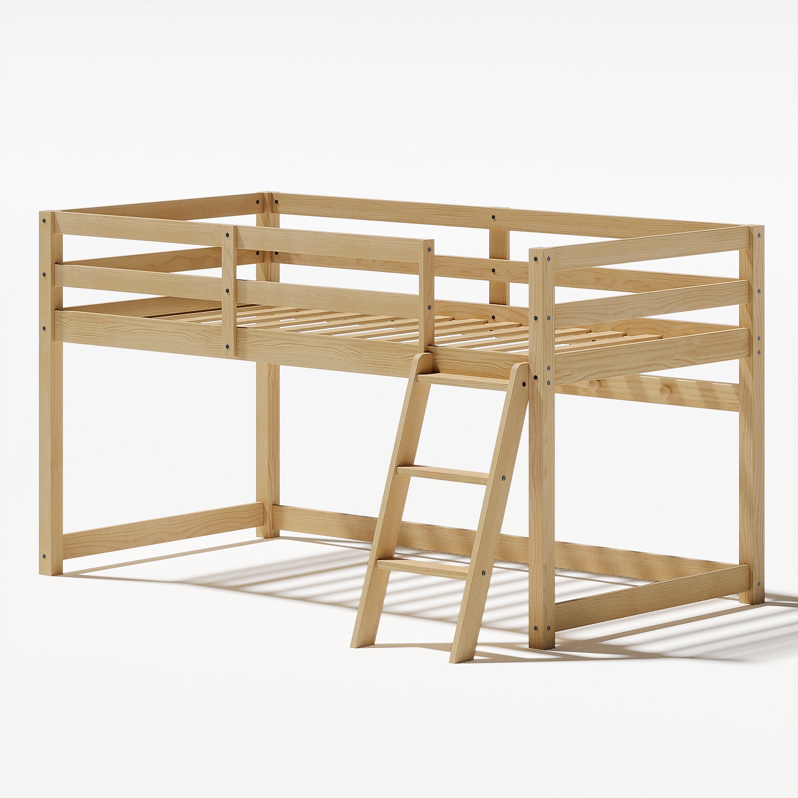 Kids Loft Bed, Twin Low Loft Bed - Solid Wood Convertible Bed with LED Strip Lighting and 6 Wooden Hooks, Transforms to Bunk Bed, Safe for Kids Room, Easy Assembly, Oak Finish