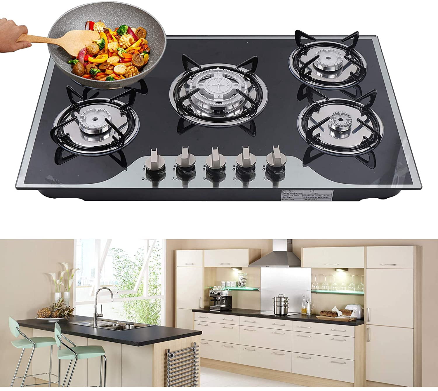 Fetcoi, 30.3"Gas Stove 5 Burners Built-in Gas Cooktop Aluminum Stove Head Automatic Pulse Ignition