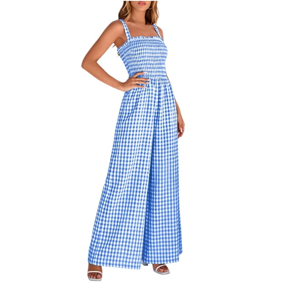 hoksml Women's Summer Checkered Wide Leg Jumpsuit, Spaghetti Strap Smocked Casual One Piece Outfit