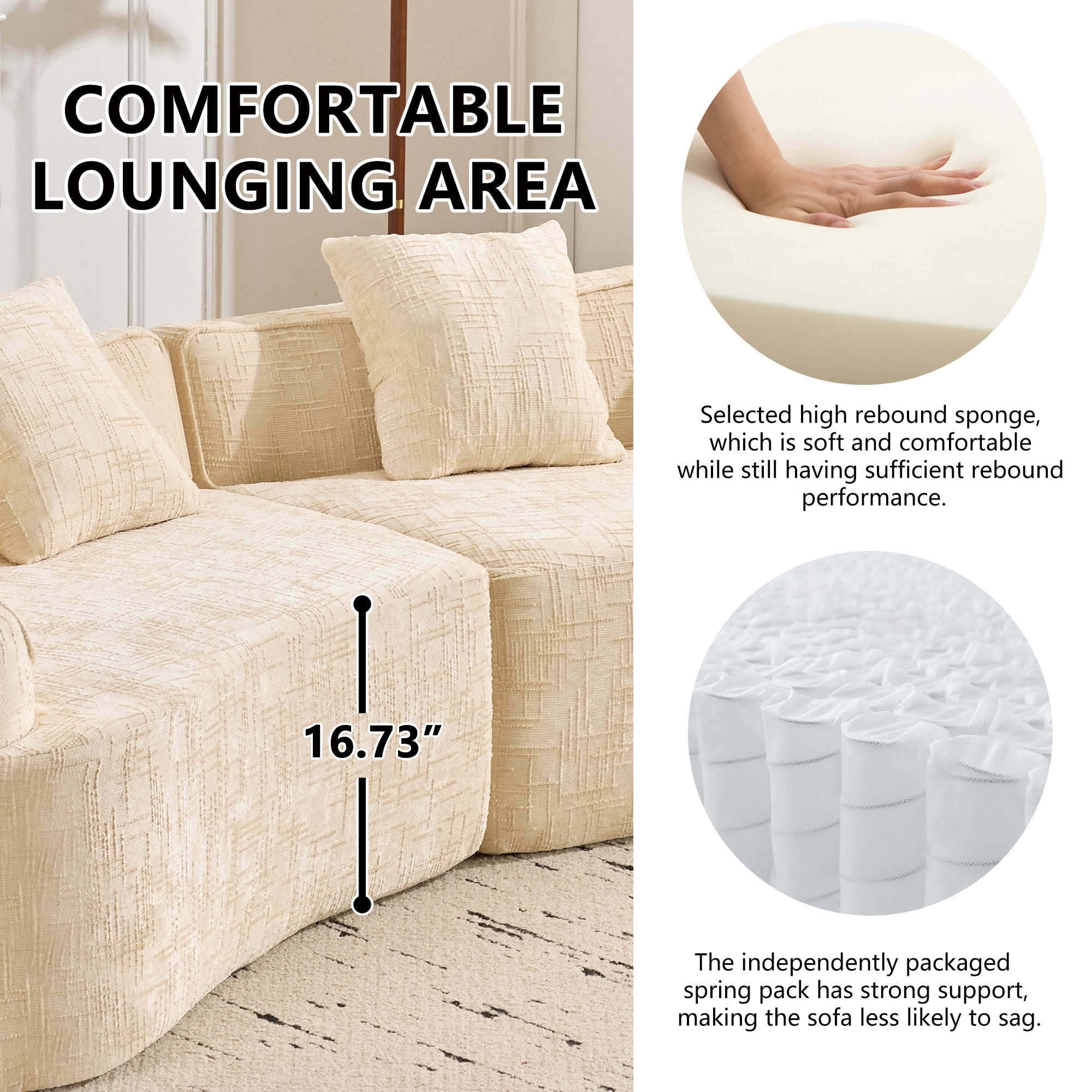 MAYEERTY 4-Seat Curved Compressed Sectional Sofa, Upholstered Cloud Modular Couch with Throw Pillows, No Assembly for Living Room Apartment Small Spaces