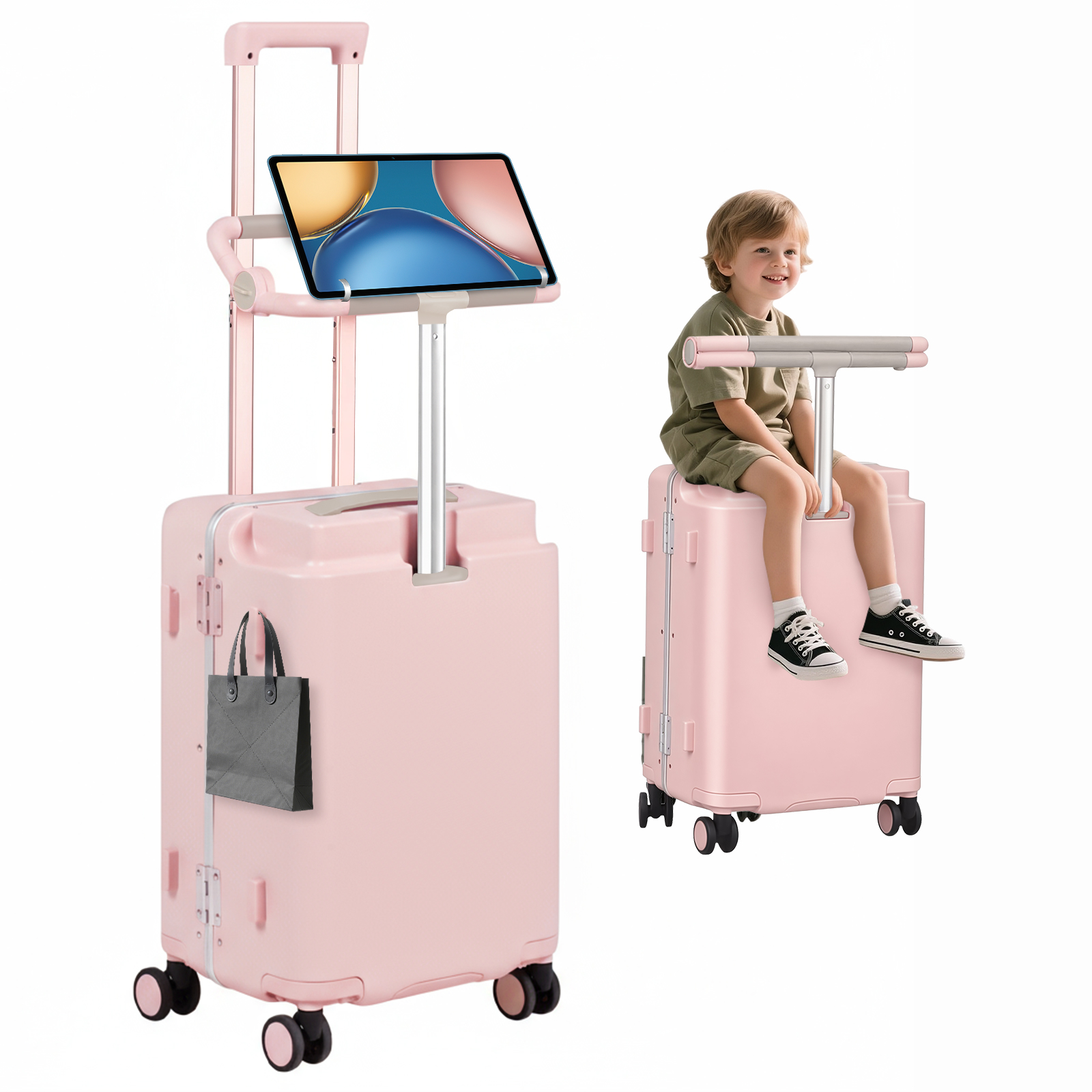 Advwin 20" Ride On Luggage with Foldable Seat, Cup/Tablet Holder, 6 PCs Packing Cube Set & TSA Lock, Hard Shell PC Spinner Travel Suitcase for Kids & Adults, Pink