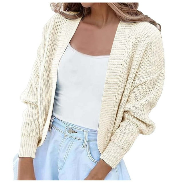 GPOECD Cardigan Court à Manches Longues Ouvert pour Femmes Blanc,TG