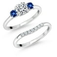 thumbnail image 3 of Gem Stone King 10K White Gold Lab Grown Diamond and Blue Created Sapphire 3-Stone Bridal Engagement Wedding Ring Set for Women | 1.03 Cttw | 5MM and 3MM Cushion Cut | Size 5,6,7,8,9, 3 of 7