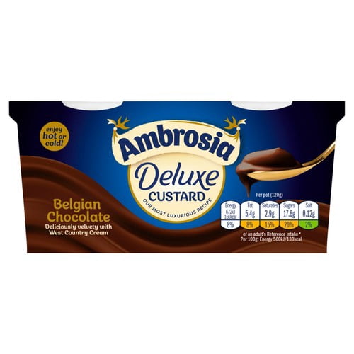 Ambrosia Deluxe Custard Belgian Chocolate Dessert Snack Pots 2 x 120g, British Import (Pack of 2)